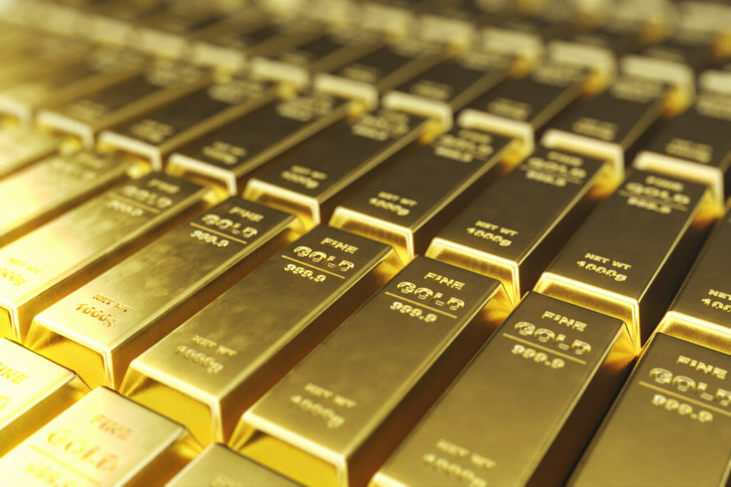 Lustrous gold bars arranged in series