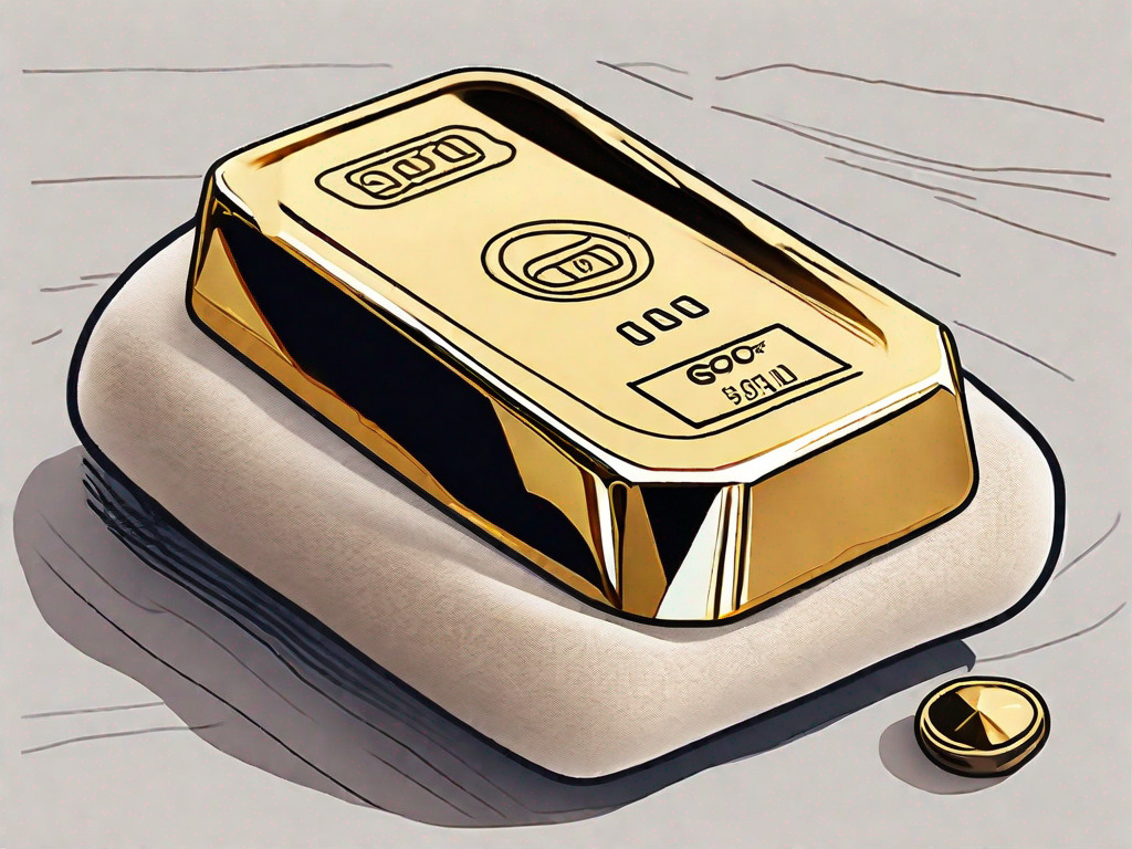 A 50g gold bar resting on a plush velvet cushion